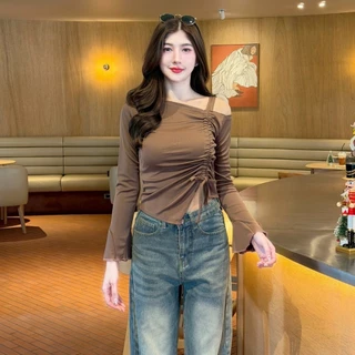 เสื้อยืดแขนยาว แฟชั่นเปิดไหล่ สายรูดผูกโบว์ เข้ารูป สไตล์เวียดนาม ใส่แมท LG085