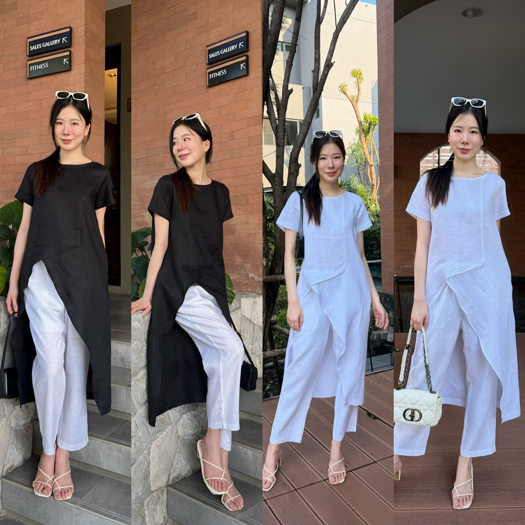 c9เสื้อคอกลมแขนสั้นหน้าสั้นหลัฃยาวผ้าลินินแท้พริ้วๆ