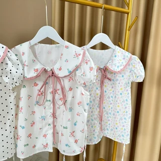 เสื้อลายจุด ลายพิมพ์ดอกไม้ คอบัว ผ้าครัช (คนไทยผลิต) - ND 001