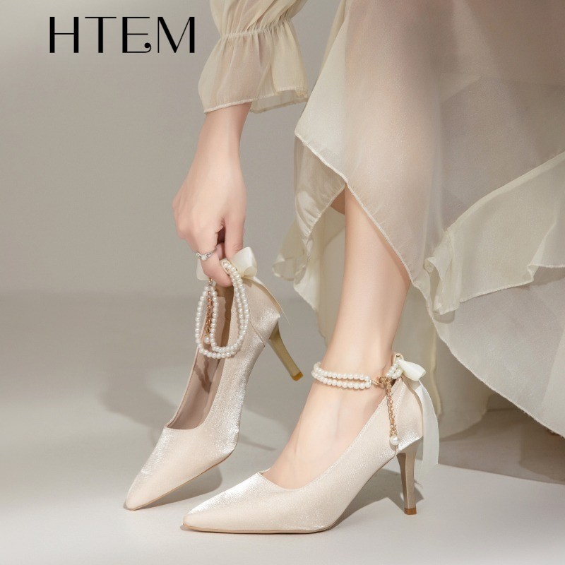 HTEM 2025 รองเท้าส้นสูงใหม่, รองเท้าแต่งงานแชมเปญ, รองเท้าส้นเข็มโบว์, สวมใส่ได้ทุกวัน, อารมณ์รองเท้าส้นสูง,