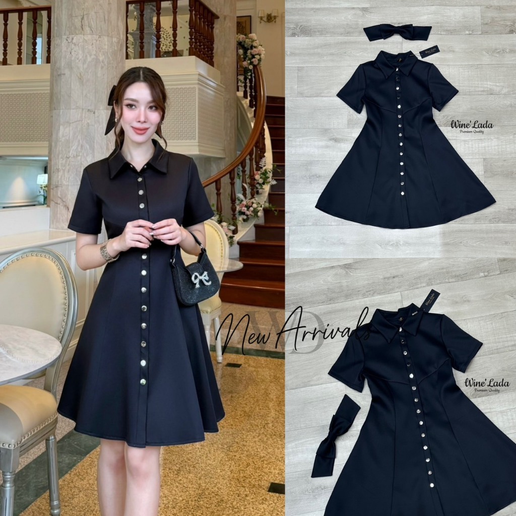 Wine'Lada Dressทรงเชิ้ตกระดุมหน้าอะไหล่เงิน สีดำ