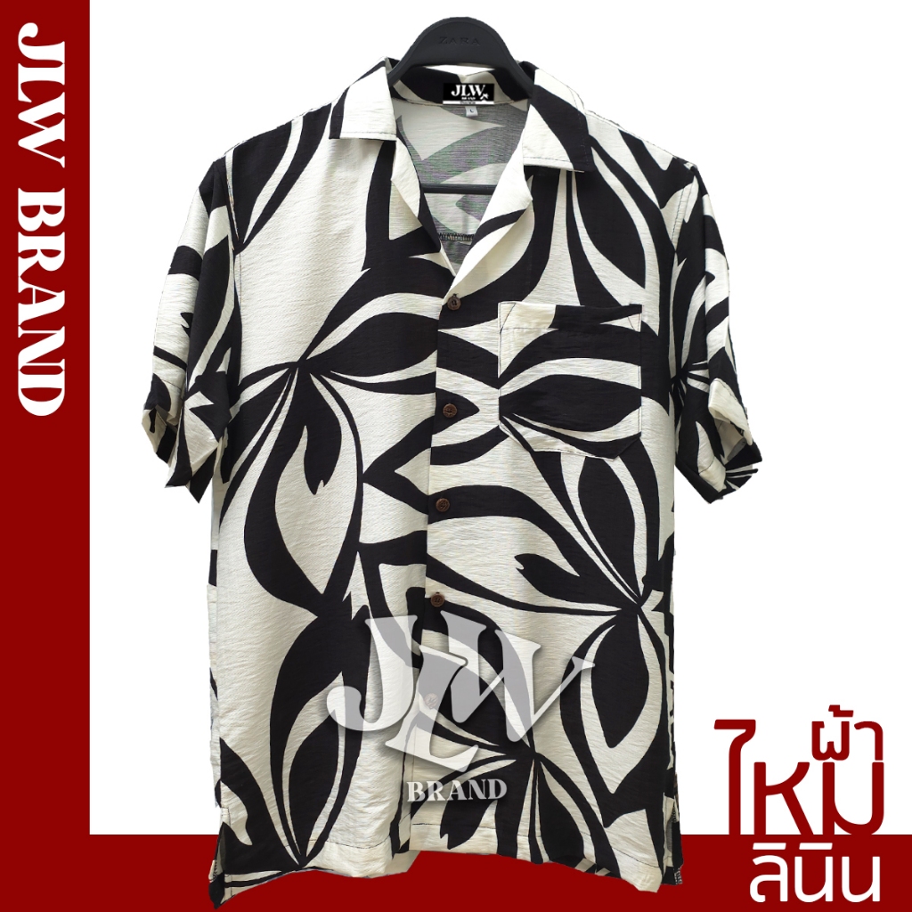 เสื้อฮาวาย ลายริ้วชบาใหญ่ ผ้าลินินซิลค์ นิ่ม M L XL Oversize คอฮาวาย JLW BRAND