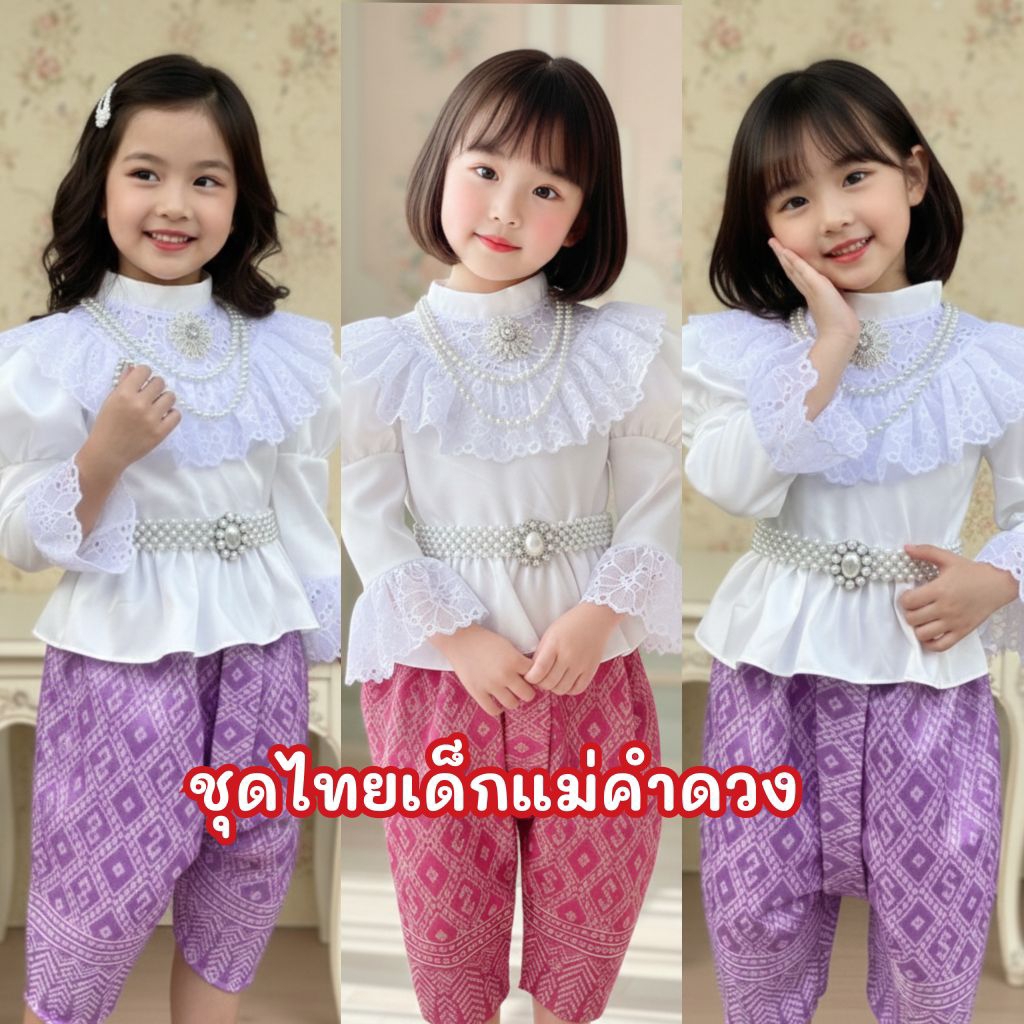 Ndd // ชุดไทยเด็กแม่คำดวงระบาย เซ็ต 3 ชิ้น 🚩เสื้อแต่งคอลูกไม้นิ่ม ระบายปลายแขนลูกไม้นิ่ม 🚩โจงสม็อคเอ
