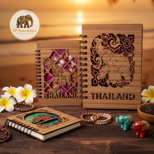 สมุดโน้ตปกไม้ ลายช้าง แกะสลักเลเซอร์ ของแท้จากไทย พร้อมส่ง สมุดบันทึก สมุดวาดเขียน ของฝากไทย Thailand Wood Notebook