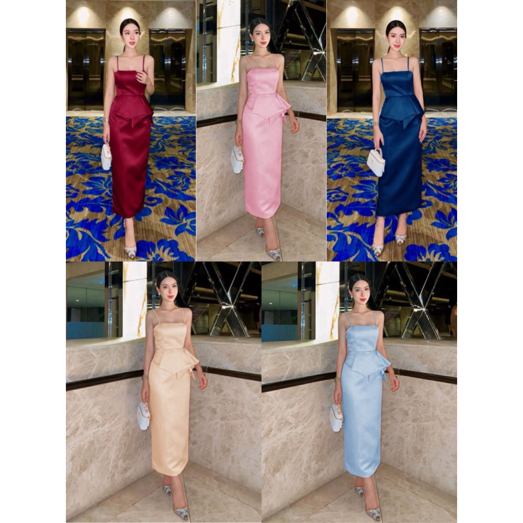 New !!!   ชุดราตรียาว ใส่ออกงานเพื่อนเจ้าสาว S/M/L ทรงสายเดี่ยวแต่งระบายช่วงเอวทรงสวย งานไฮคราส ผ้าซาตินรัสเซียเนื้อหนา