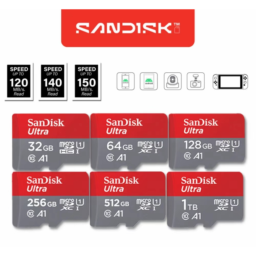 SanDisk Ultra Micro SD card การ์ดหน่วยความจำแฟลช UHS-1 32GB-1TB กล้องวงจรปิดความเร็วสูง ลำโพง Class10