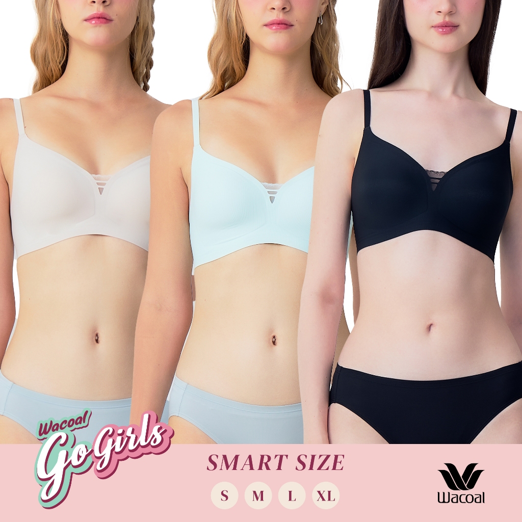 Wacoal ชุดชั้นเนียน บราไร้โครง Smart Size ผ้าร่องแต่งลูกไม้ เซท 3 ชิ้น รุ่น WB3Y38/WB3338