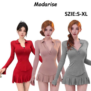 Modarise เสื้อแขนยาวคอวีทรงเซ็กซี่ พร้อมชุดเซ็ตกระโปรงเอไลน์…