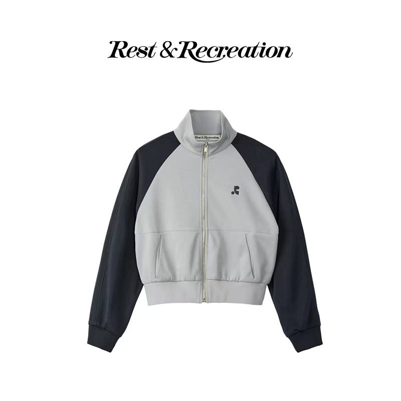 Rest and Recreation   RR RAGLAN JERSEY JACKET – GREY แจ็กเก็ตสั้นซิปหน้าแบบสีตัดกัน