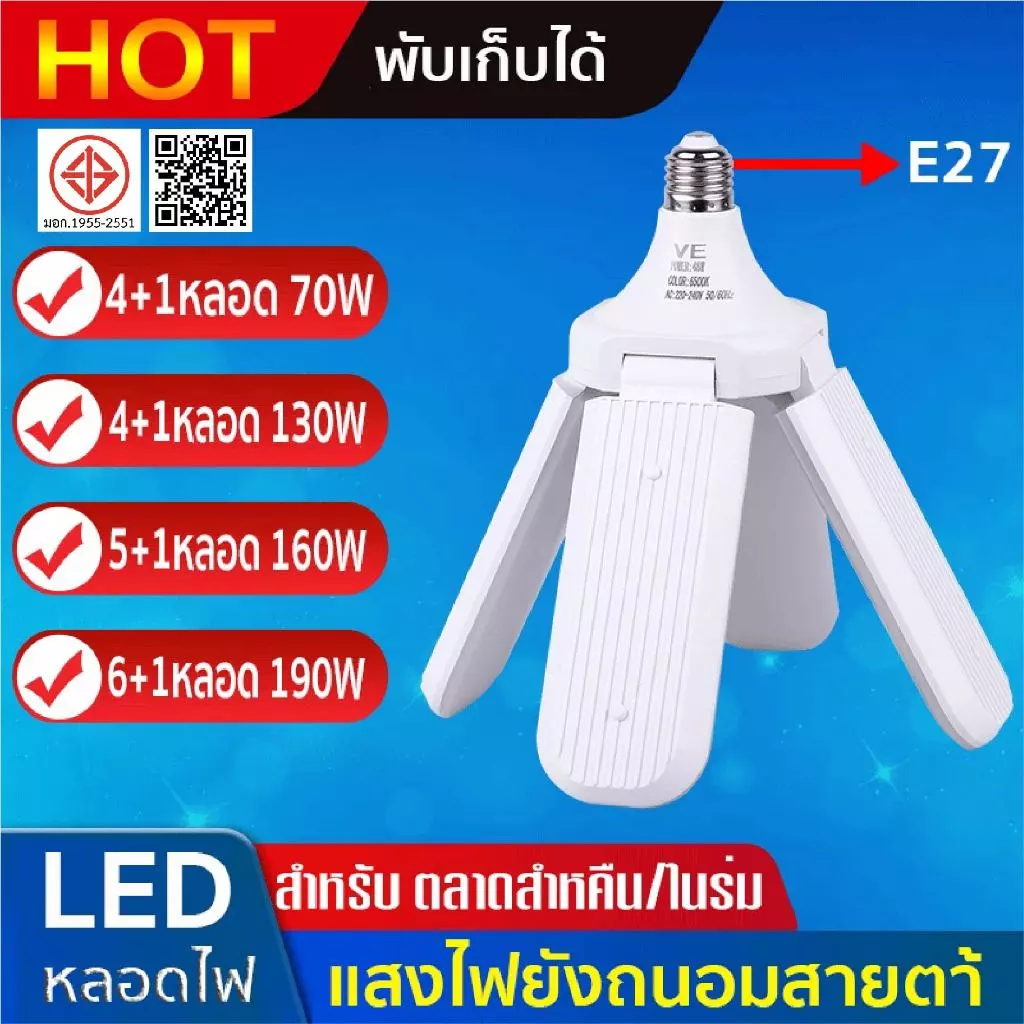 หลอดไฟ LED ทรงใบพัด พับเก็บได้ Deformable lamp 130W ประหยัดพลังงานไฟ ปรับมุมโคมไฟได้