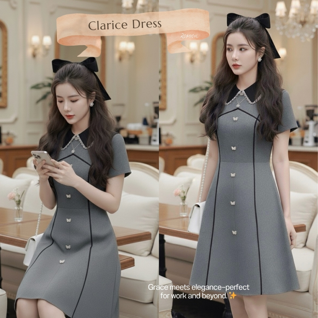 Romi"Oil" Clarice Dress (Gray) K369 ชุดเดรสสีเทา (คอปกดำแต่งกระดุมผีเสื้อ)