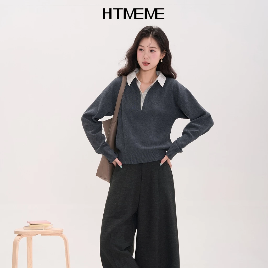 Gakki เสื้อสเวตเตอร์แขนยาวคอปกผู้หญิง เสื้อถักไหมพรมแขนยาวกันหนาว ลำลอง ฟรีไซส์ พร้อมส่ง 50132#