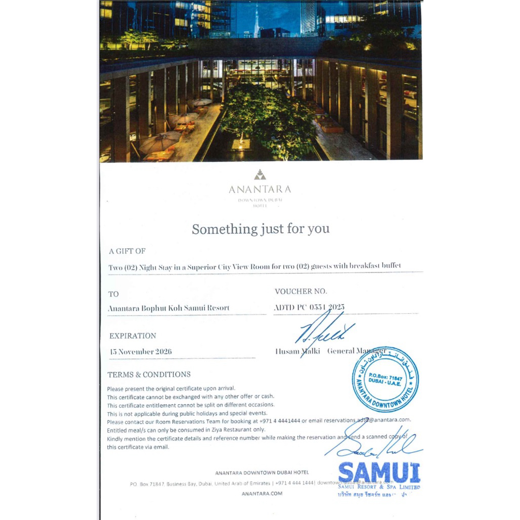 Voucher Anantara Downtown Dubai 2 night stay