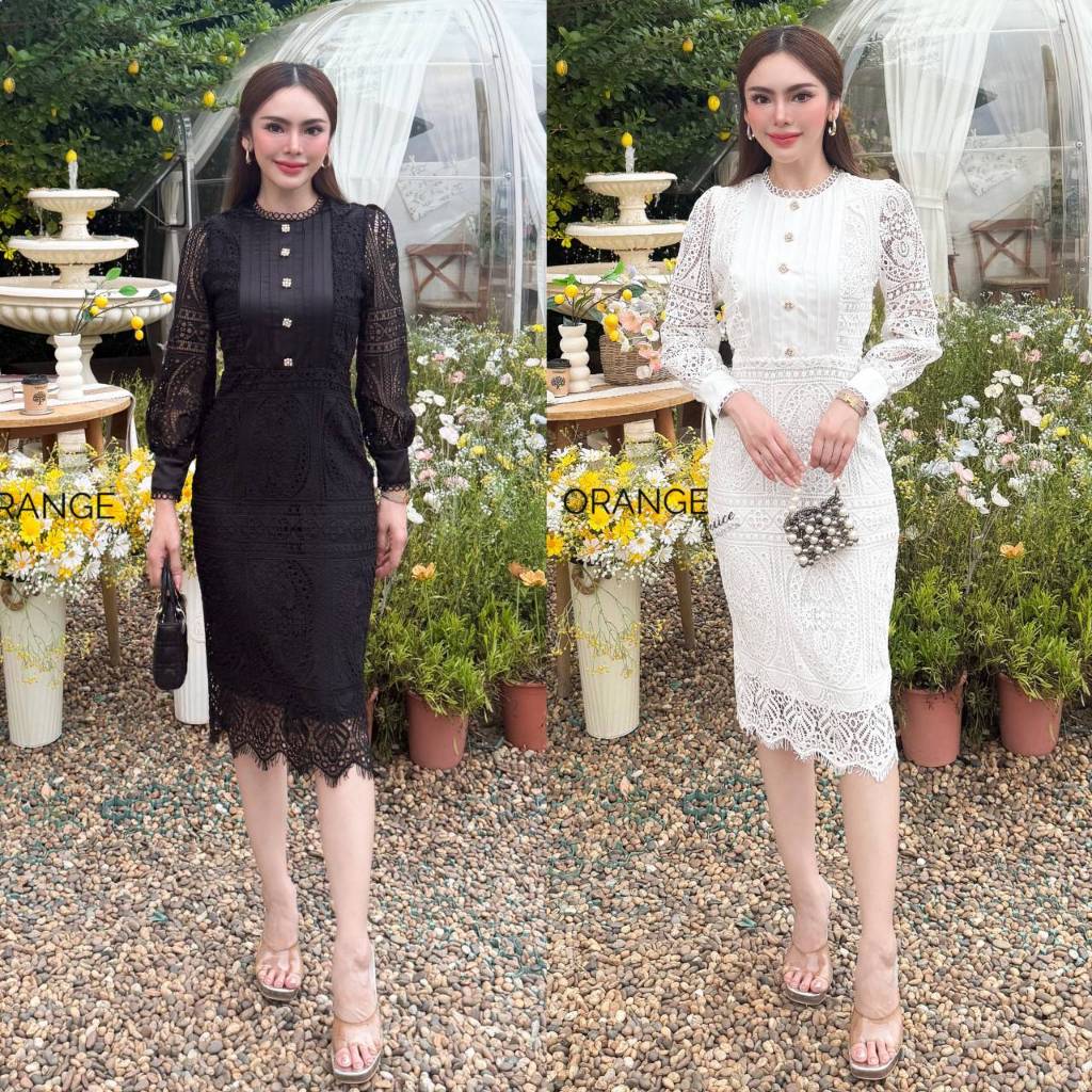 เดรสขาว เดรสดำ ผ้าลูกไม้ทรงสอบ แขนยาว ลูกไม้เนื้อนิ่มใส่สบาย OR21909