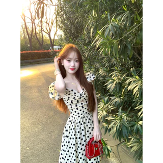 แม็กซี่เดรส ทรงเอ สีขาวลายจุด แขนระบาย อกบิดเว้า หลังเป็นแถบสม็อค ผ้าไนลอน ผ่าหน้า #ck1134