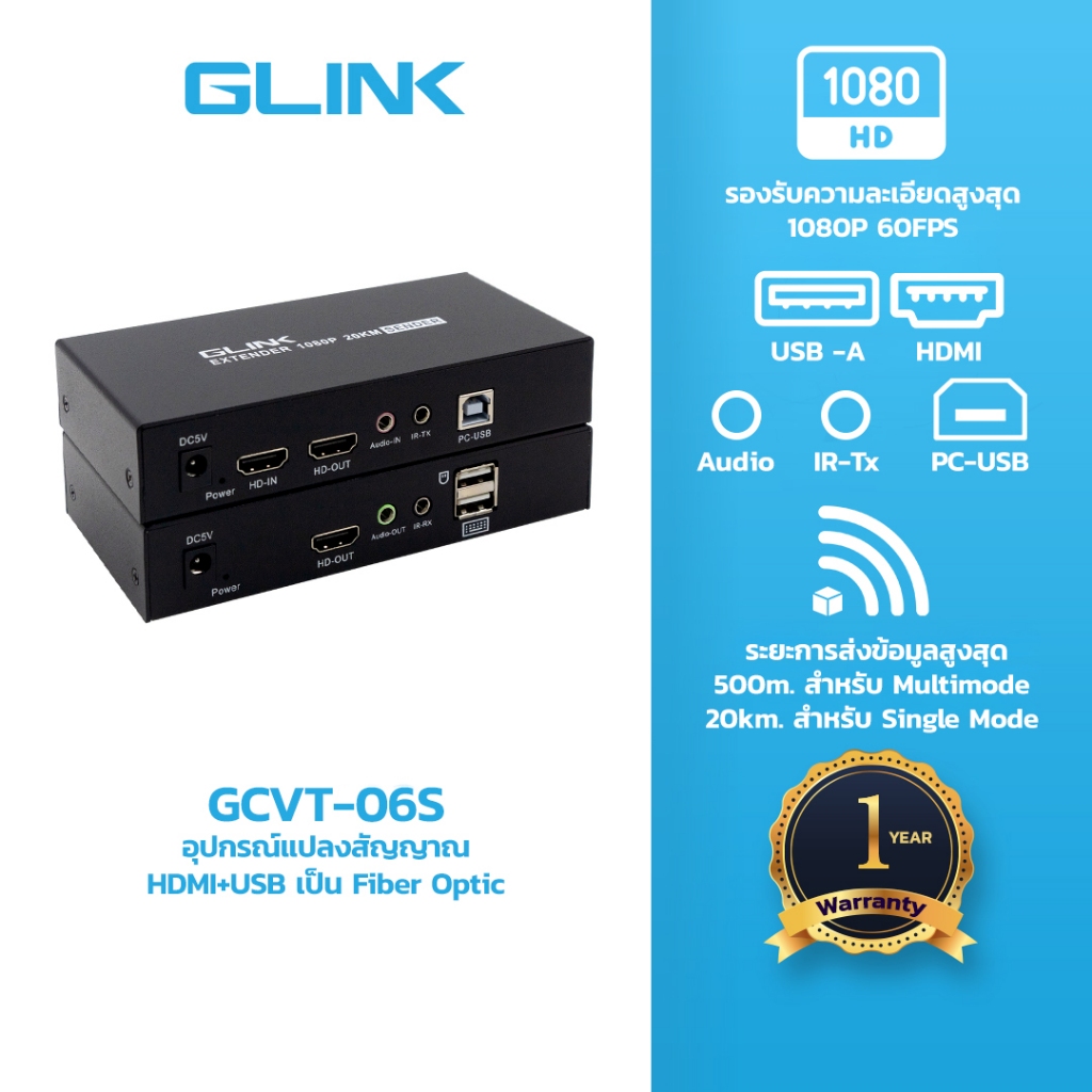 GLINK HDMI to Fiber Converter อุปกรณ์แปลงสัญญาณจาก HDMI+USB เป็น Fiber Optic รุ่น GCVT-06S