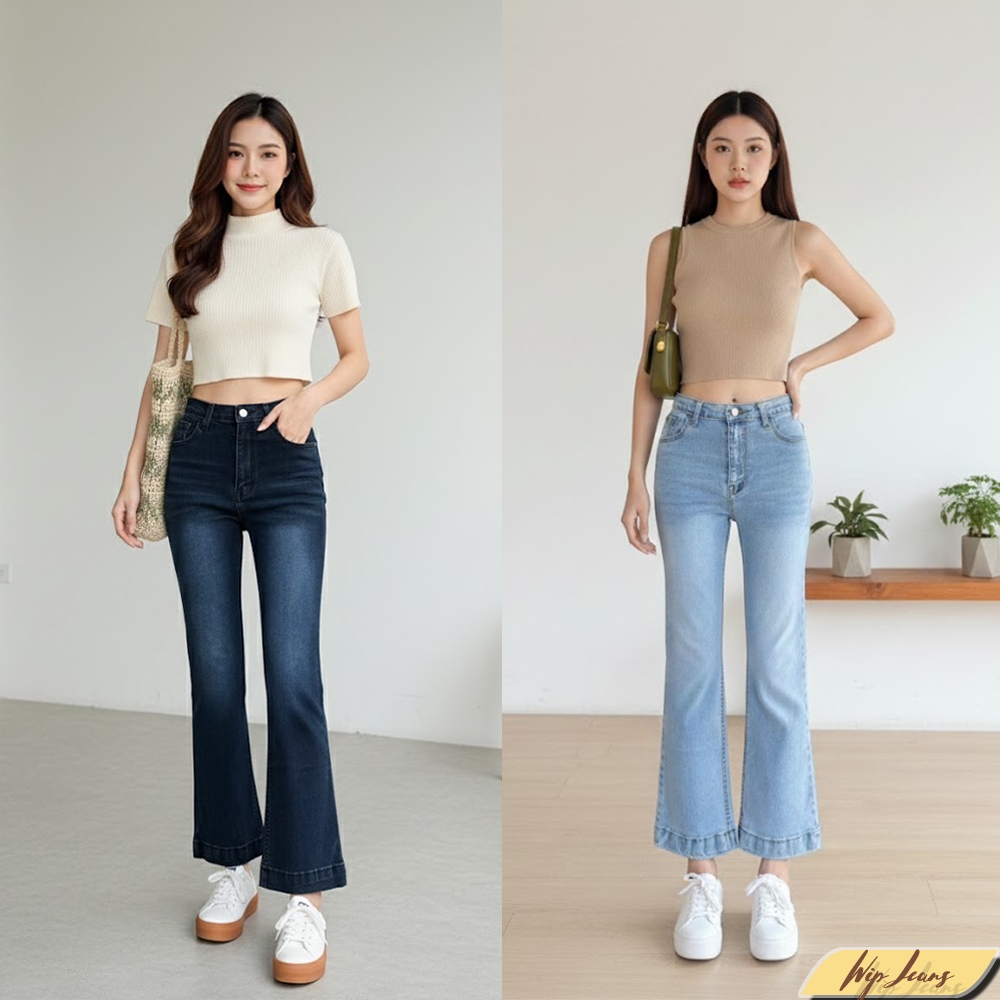 กางเกงยีนส์ทรงขาม้าเล็กเอวสูงผ้ายืดกระชับหุ่นมีขนาด S ถึง 5XL สไตล์เกาหลีมินิมอล B066