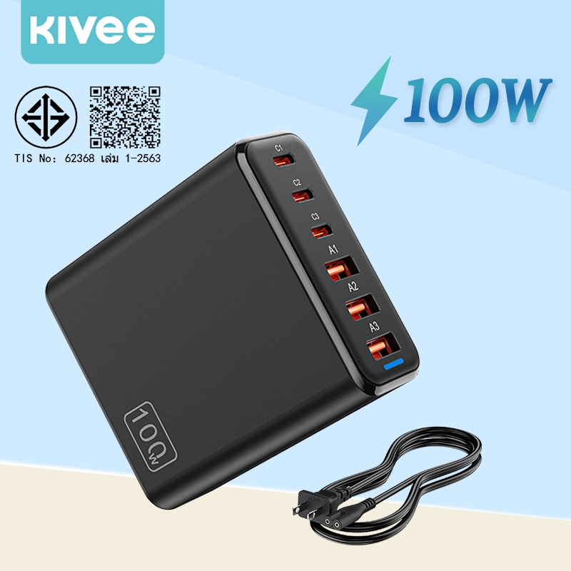 KIVEE GaN Desktop Charger 100W 6-in-1 Super Fast Charger PD Type c GaN Adapter พร้อมไฟ LED
