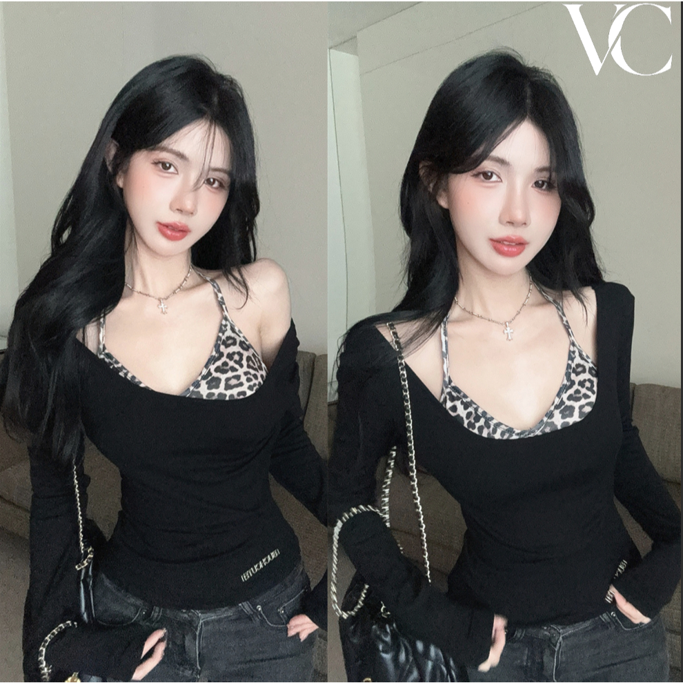 ชุด 2 ชิ้น: เสื้อกล้ามลายเสือดาว สไตล์อเมริกันหวานและเผ็ด เสื้อยืดแขนยาวสำหรับผู้หญิงY125 – โปรปัง