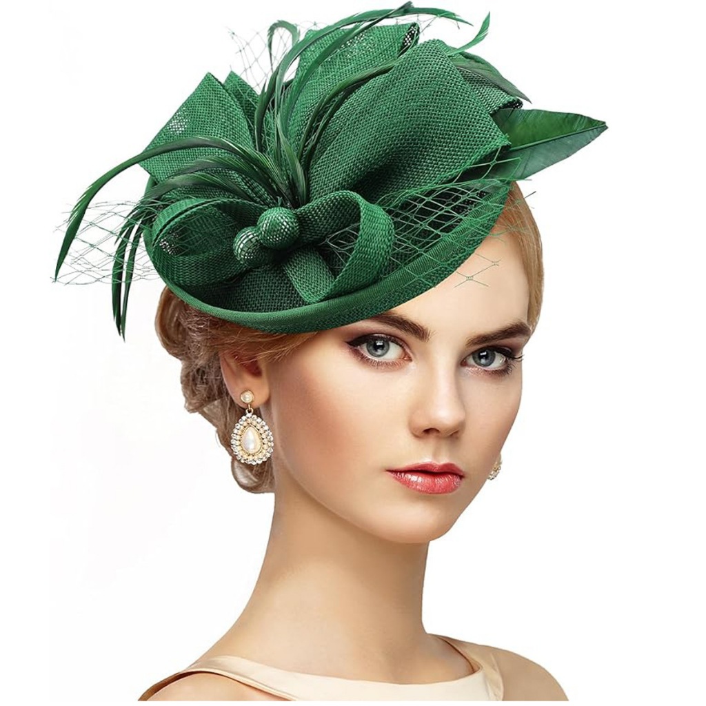 หมวกGrand Emerald Mesh & Feather: หมวกกะโล่ประดับขนนกและตาข่าย รุ่นแกรนด์