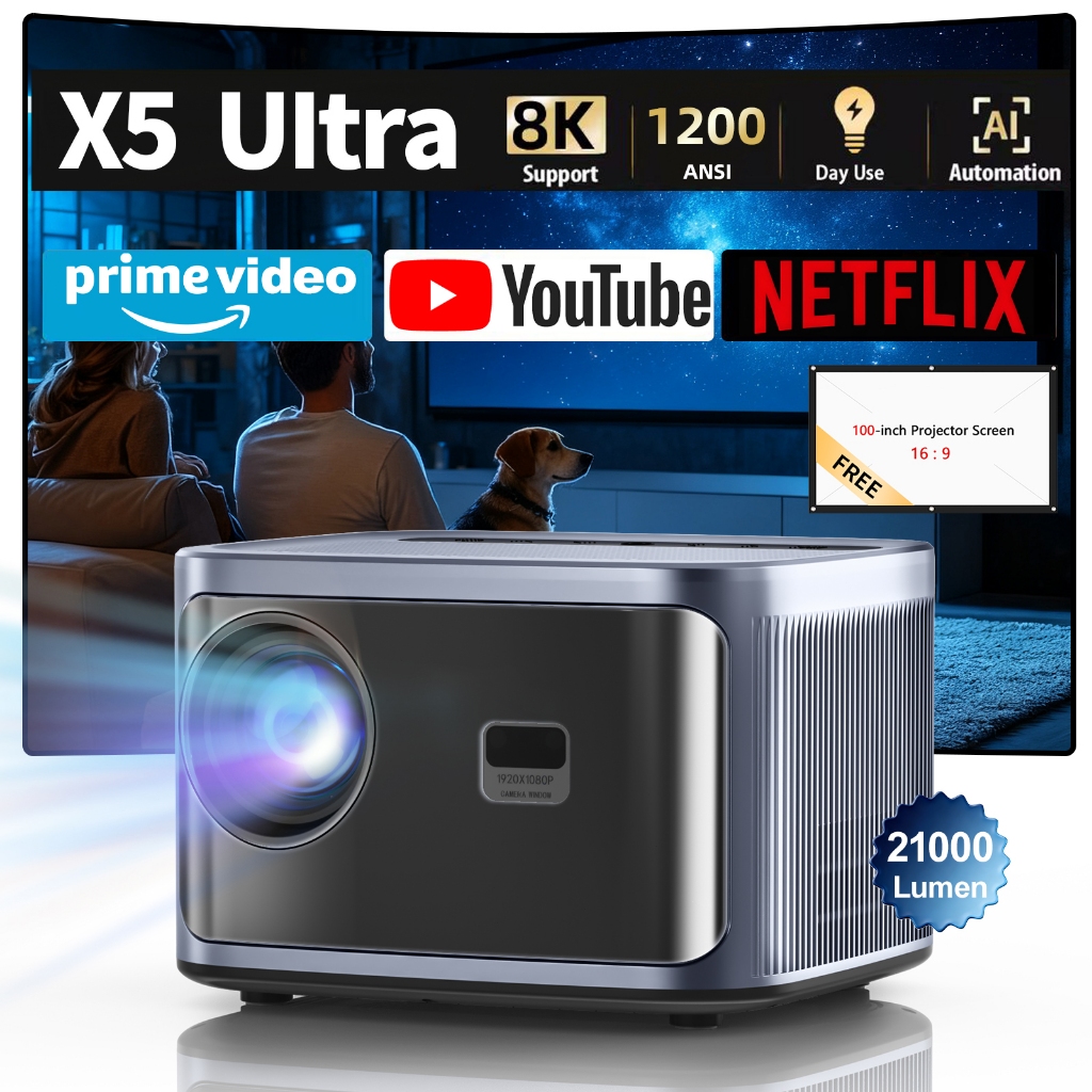 โปรเจคเตอร์ projector 8K 1200 ANSI ต่อมือถือ มินิโปรเจคเตอร์ มีแอปในตัว โฟกัส อัตโนมัติ  X5 Ultra โฮ