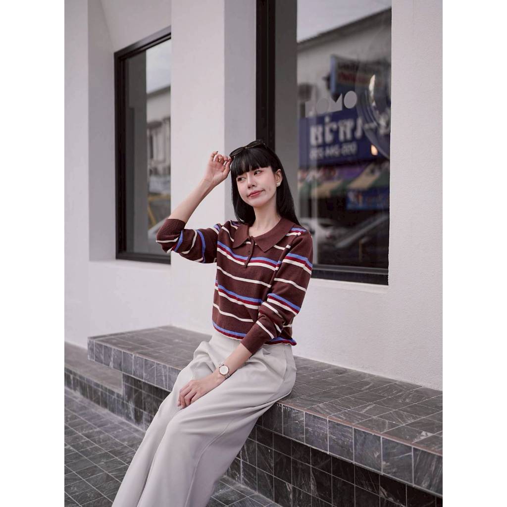 T00261 เสื้อโปโลไหมพรมแขนยาวลายทาง