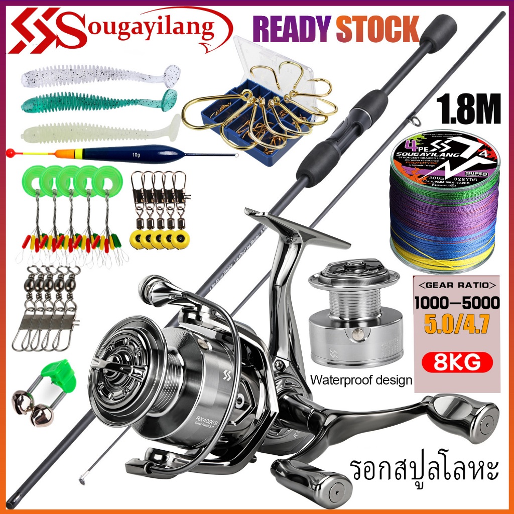Sougayilang ชุดตกปลา ความยาว 1.8 ม. แกนคาร์บอน + รอกสปูลโลหะ ขนาด 1000-5000 พร้อมสาย PE 100 ม. และอุปกรณ์เสริม สำหรับมื