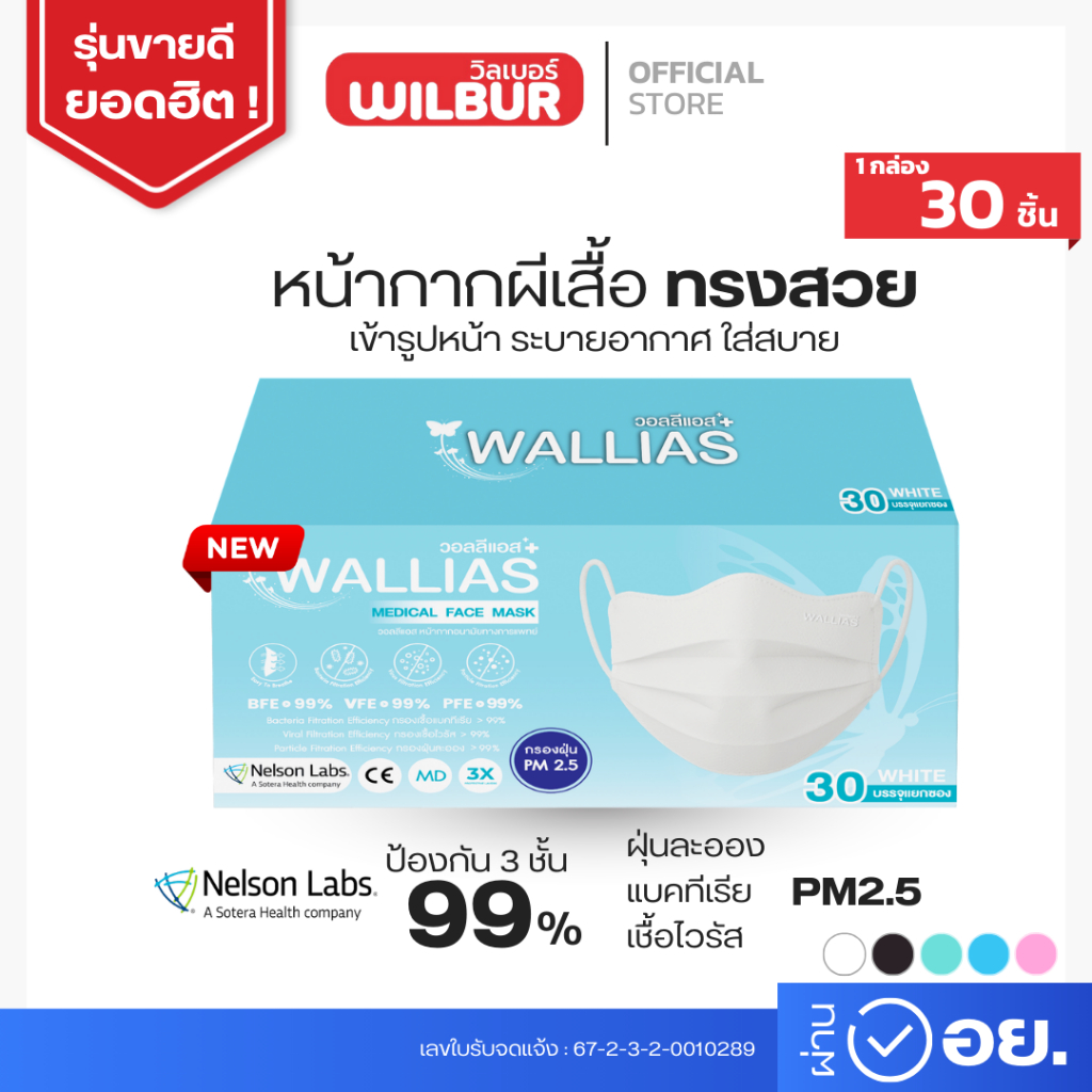 หน้ากากอนามัยทรงผีเสื้อ medical face mask ยี่ห้อ Wallias หนา 3 ชั้น 1กล่อง30ชิ้น ใส่สบาย หายใจสะดวก