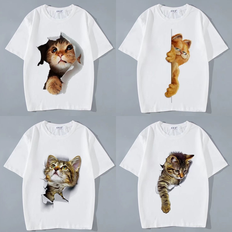 เสื้อยืดแขนสั้น สกรีนลายแมว สีขาว ES416-ES420