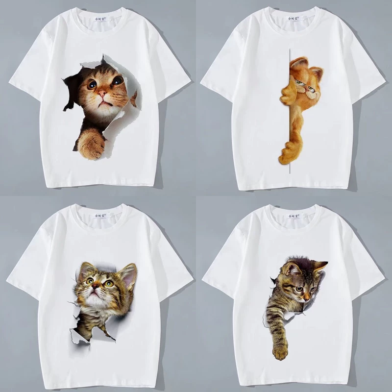เสื้อยืดแขนสั้น สกรีนลายแมว สีขาว ES416-ES420