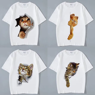 เสื้อยืดแขนสั้น สกรีนลายแมว สีขาว ES416-ES420