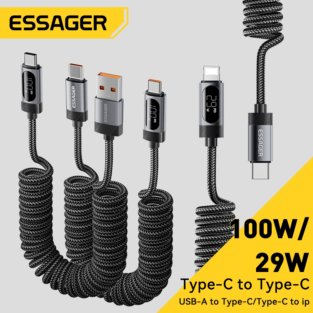 Essager A/C-C/L 100Wสายเคเบิลข้อมูลแบบสปริงพร้อมจอแสดงผลดิจิทัลที่ใช้งานร่วมกันได้อย่างสมบูรณ์แบบ สำหรับการชาร์จในรถยนต์