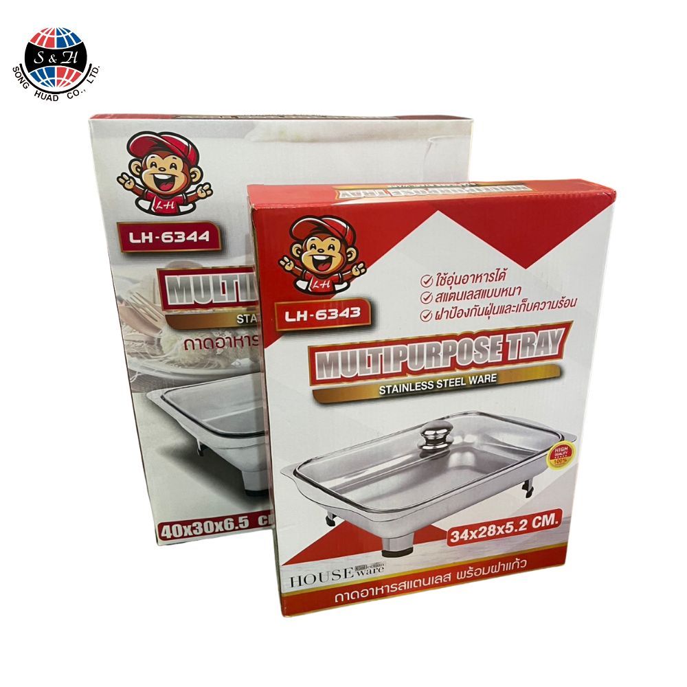 ถาดอุ่นอาหารสแตนเลส ถาดบุฟเฟต์ ถาดอาหารพร้อมฝาแก้ว Buffet food warmer 