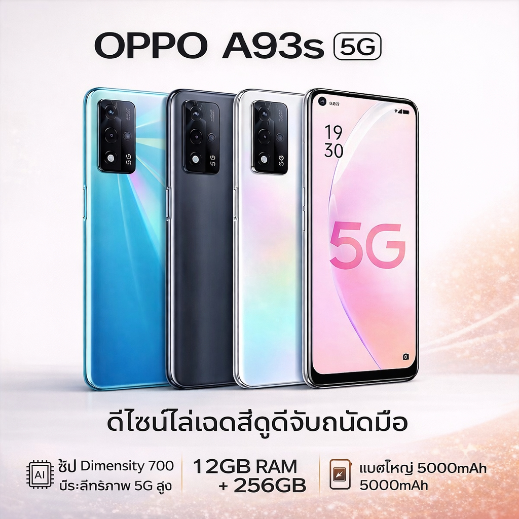 [ขายดี]  A93s 5G: หน้าจอ 6.5 นิ้ว, แบตเตอรี่ 5000mAh, หน่วยความจำ 12GB+256GB, รับประกัน 1 ปี
