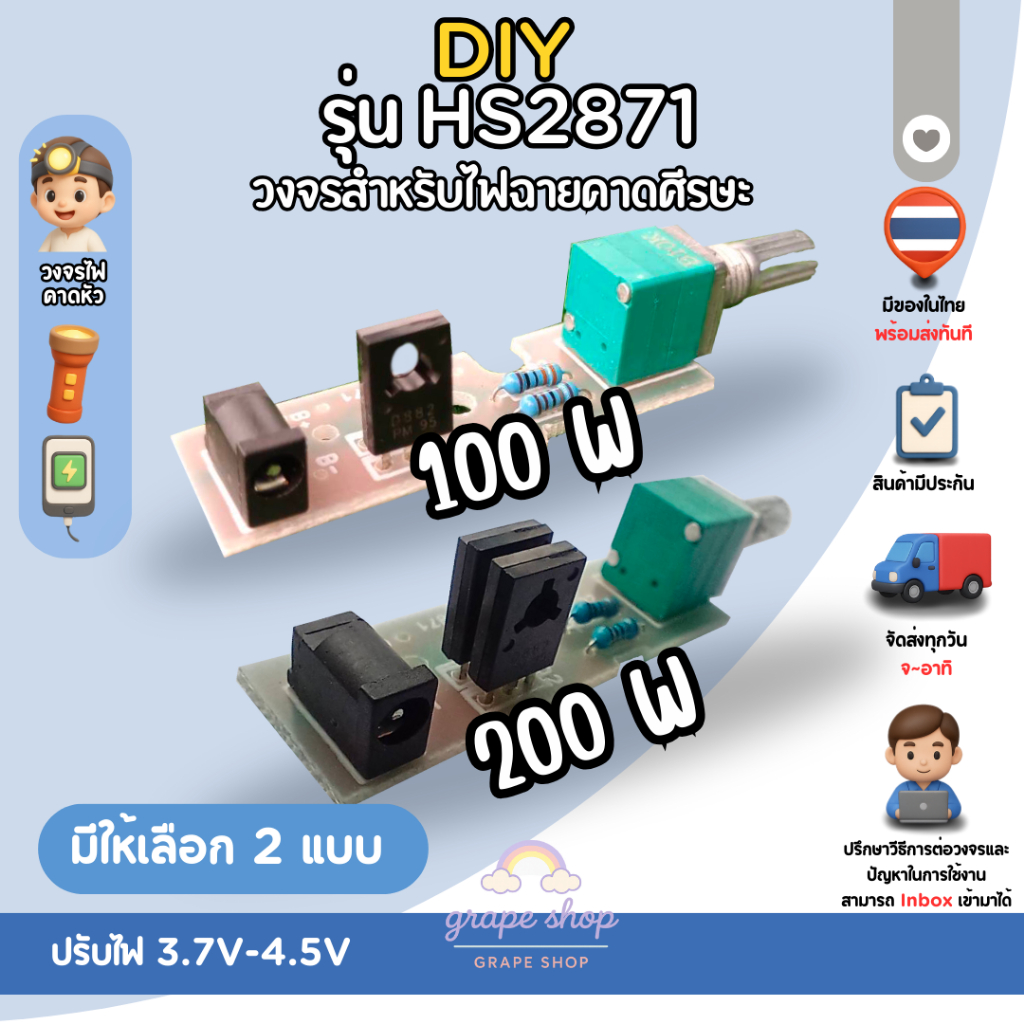 พร้อมส่งจากไทย 🇹🇭 แผงวงจรไฟคาดหัว วงจรไฟคาดหัว DIYรุ่น (HS2871) ตูดชาร์จ3.5mm ปรับลดเพิ่มสว่างได้