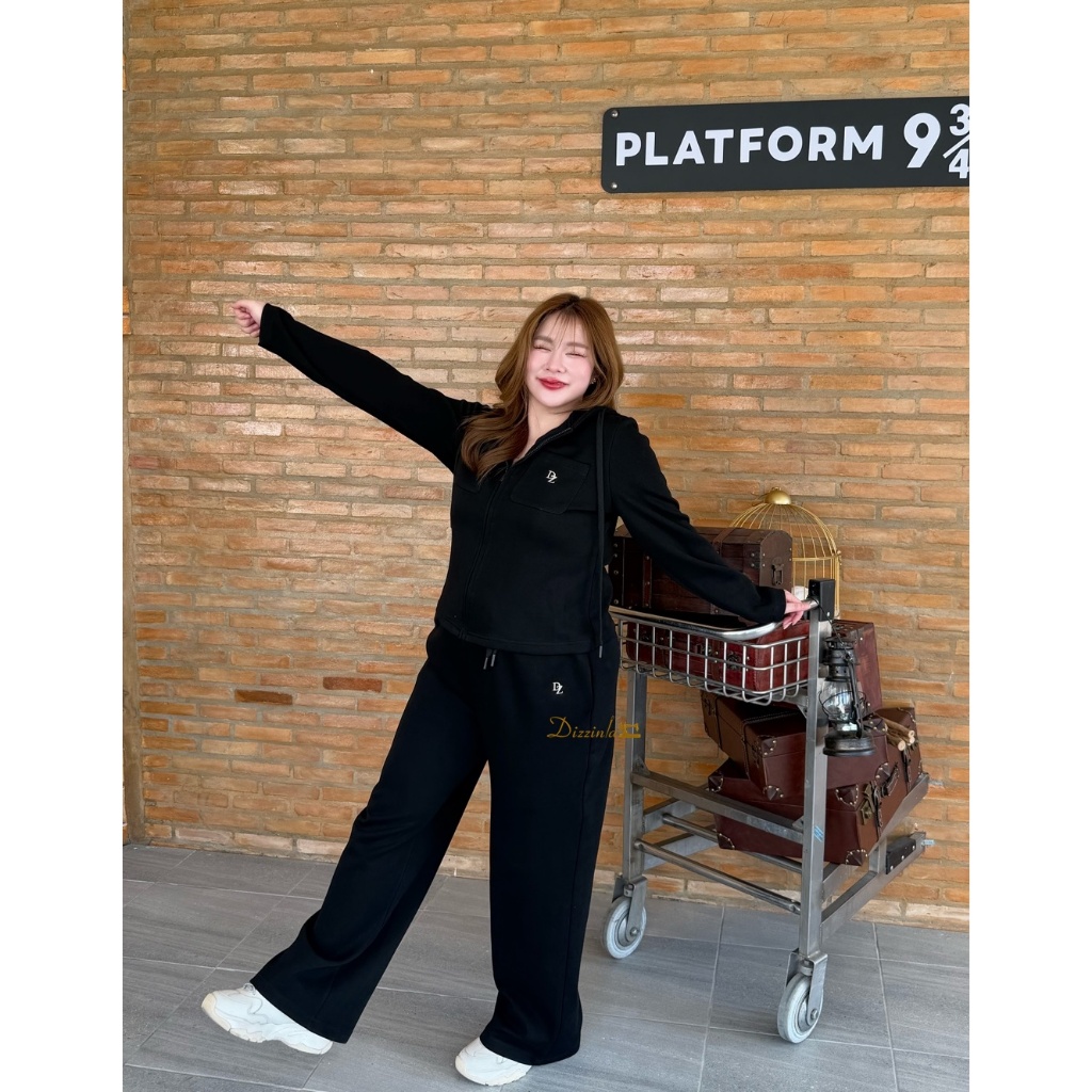 Dz355 - Cozy Black Set ฮู้ดซิป + กางเกงขายาว สไตล์เกาหลี