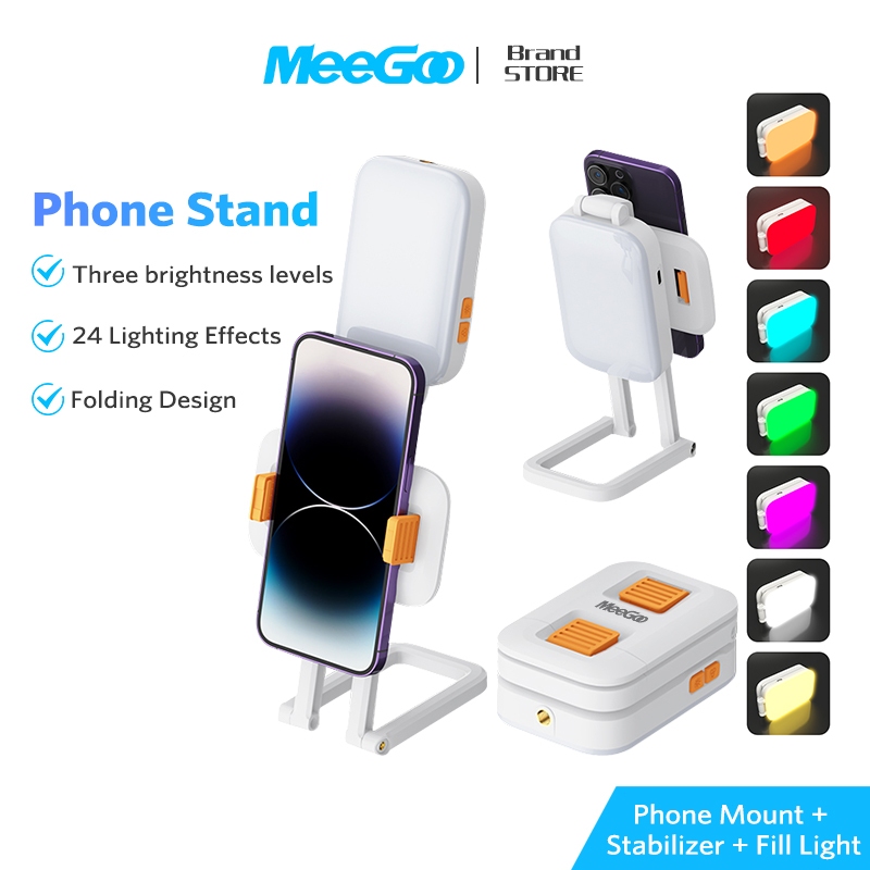 MEEGOO ไฟติดกล้องโทรศัพท์ 3-in-1 ขาตั้ง+กันสั่น+ไฟเสริมแสง 3 สีแสง 24 โหมด RGB แบตเตอรี่ในตัว พกพาสะดวก