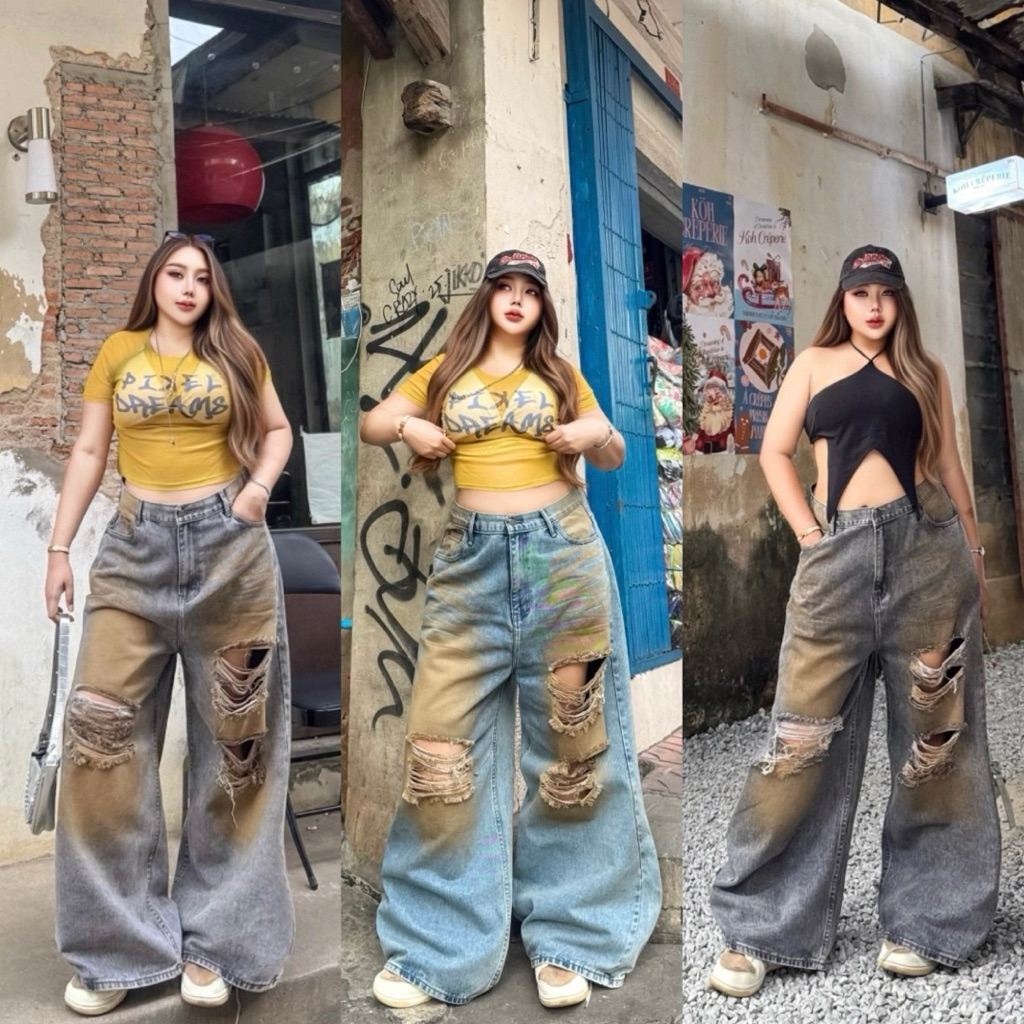i.curv jeans - baggy dirty กางเกงยีนส์คนอวบรุ่นเดอร์ตี้ ยีนส์เลอะ เบกกี้ยีนส์สาวอวบ สไตล์สตรีท เสื้อผ้าแฟชั่นสาวอวบอ้วน