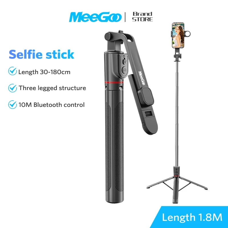 MEEGOO ไม้เซลฟี่ ยืดได้ถึง 1.8 ม. ขาตั้ง พร้อมรีโมทบลูทูธ ไม้ถ่ายเซลฟี่ หมุนได้ 360º ไฟเติมสามสี