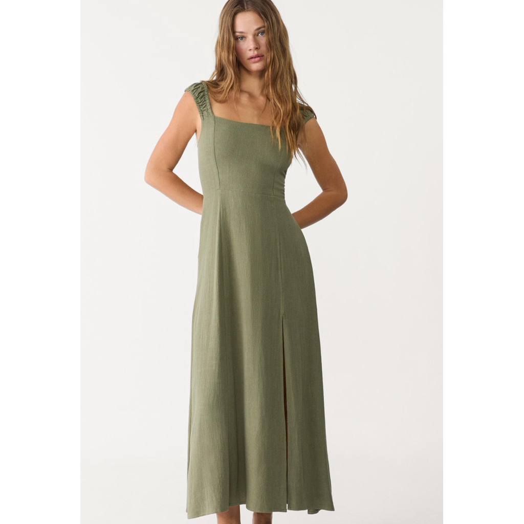Stradivarius flowing linen blend maxi dress with crossed back 💚