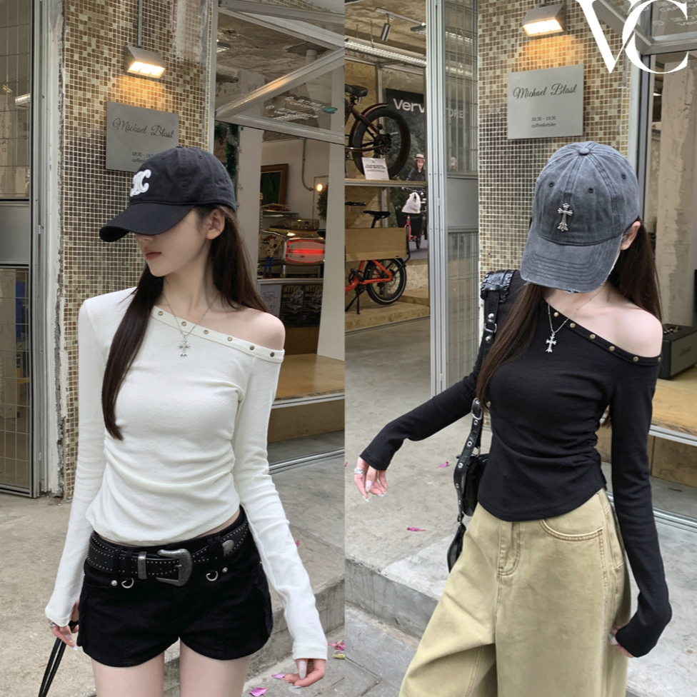 เสื้อยืดแขนยาว ทรงสลิม สีขาว เปิดไหล่ มีหัวเข็มขัดโลหะ เซ็กซี่และหลากหลายY124