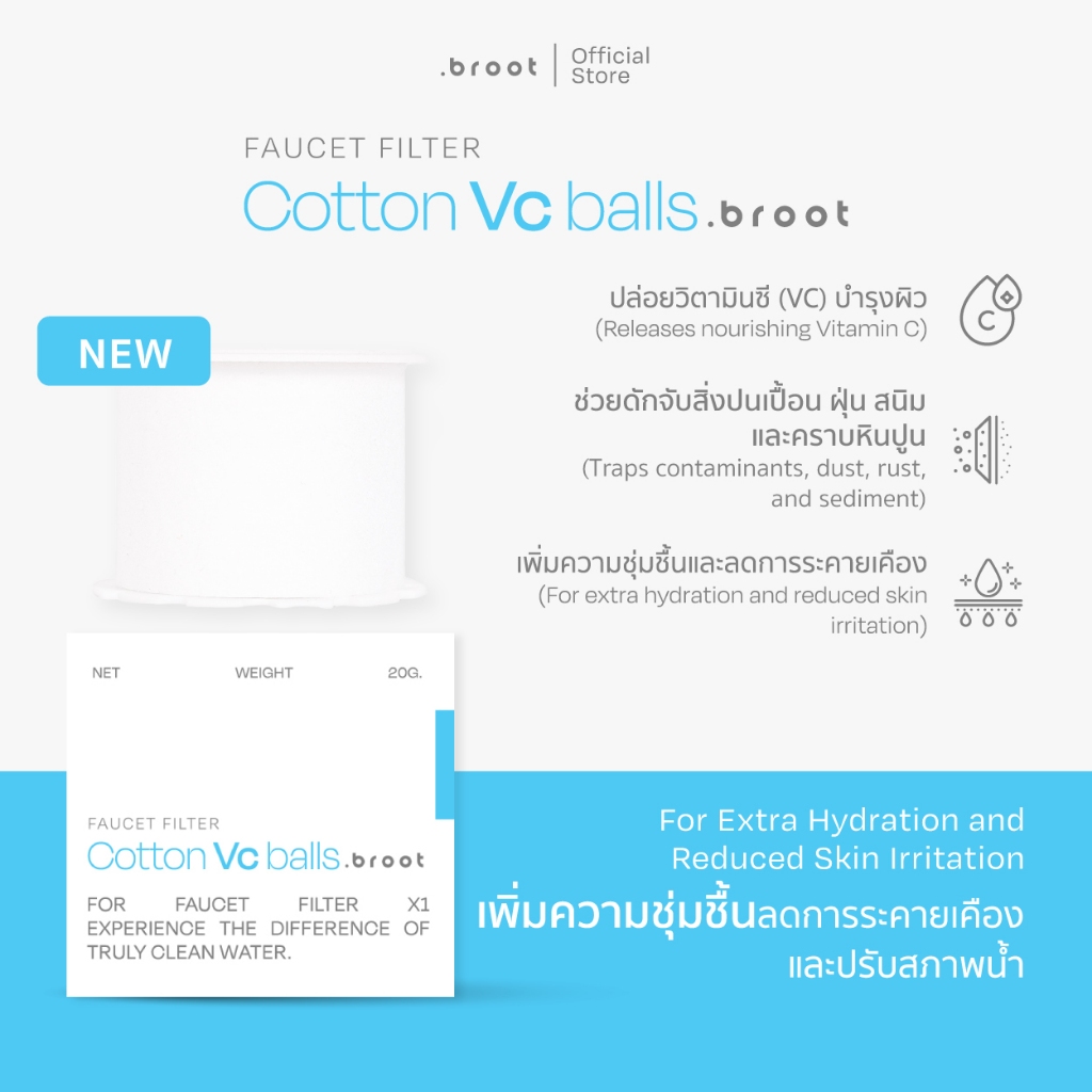 Cotton + Vc balls  ไส้กรองฝ้ายเกรดพิเศษผสานนวัตกรรมเม็ดเซรามิกวิตามินซี (ใช้สำหรับ Face Wash Faucet 
