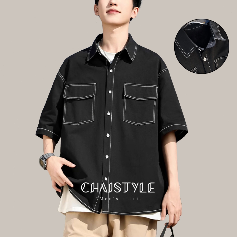 Chaistyle เสื้อเชิ้ตแขนสั้น ผู้ชาย สไตล์ย้อนยุคสไตล์ญี่ปุ่น เสื้อเชิ้ตผู้ชาย ทำงาน ลำลอง oversize