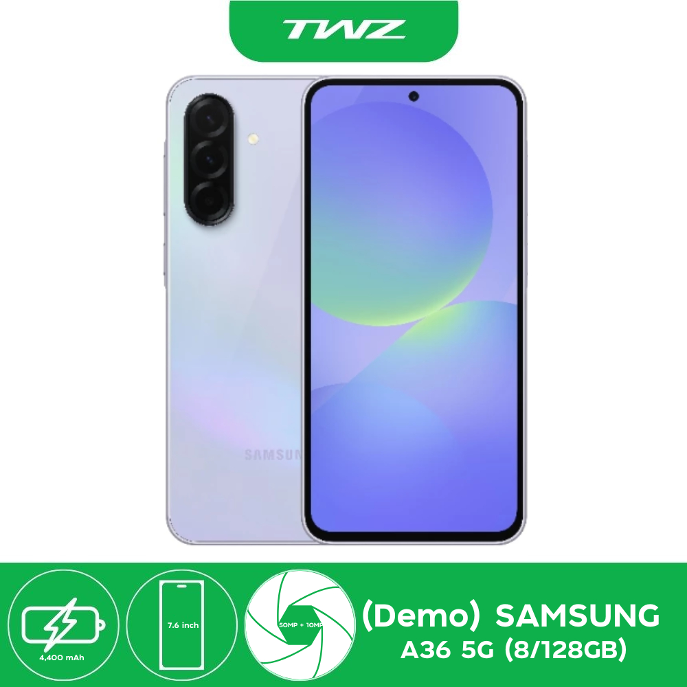 (เครื่องDEMO) SAMSUNG A36 5G 8/128GB แบตเตอรี่ 5,000 mAh รองรับชาร์จไว 45W ไม่มีรับประกัน สภาพ 90%
