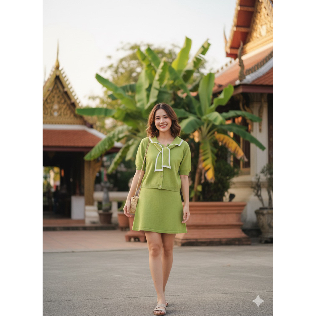 G01 ชุดเซท ไหมพรม เสื้อคอปก+ผ้าผูกโบว์+กระโปรง