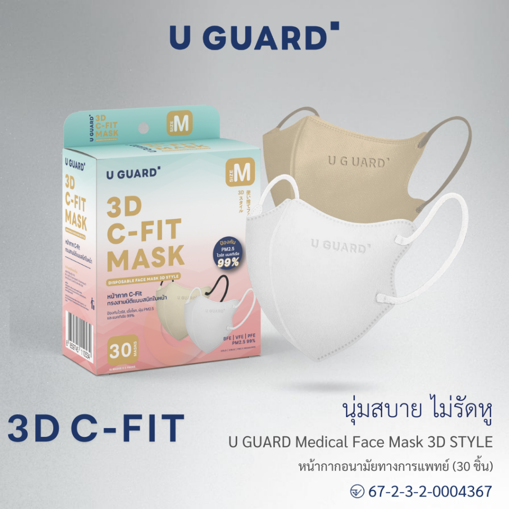 หน้ากากอนามัย U GUARD MASK ทรง V SHAPE สีขาว/น้ำตาล หายใจสะดวก สายคล้องนุ่ม ไม่รัดหู 30 ชิ้น / กล่อง