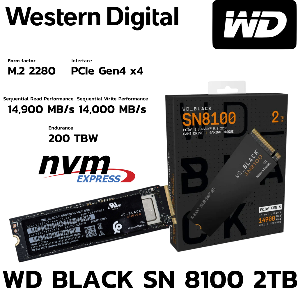 M.2 2TB SSD (เอสเอสดี) WD BLACK SN8100 - PCIe 5x4 NVMe M.2 2280 (WDS100T1X0M)