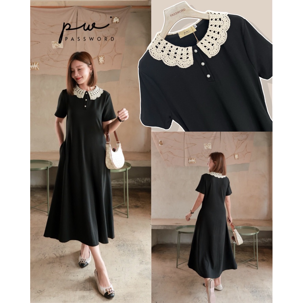 Password เดรสคอปกโครเชต์ ตัวเดรสใช้ผ้ายืดอย่างดี ใส่เป็นทรงสวยงาม ไม่แนบตัว
