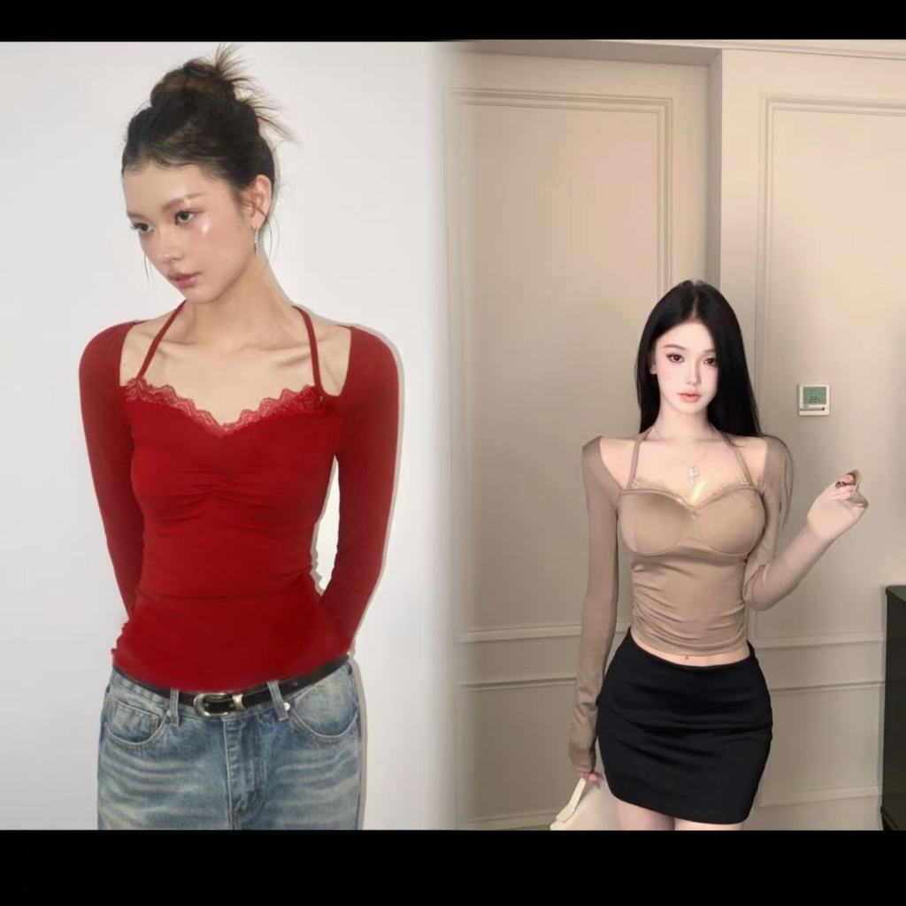 Eva เสื้อยืดแขนยาวผู้หญิง ดีไซน์ลูกไม้สไตล์หวานเซ็กซี่ คอเหลี่ยมคล้องคอ มาพร้อมฟองน้ำในตัว เข้ารูป เก็บเอว ใส่สวย ดูแพง