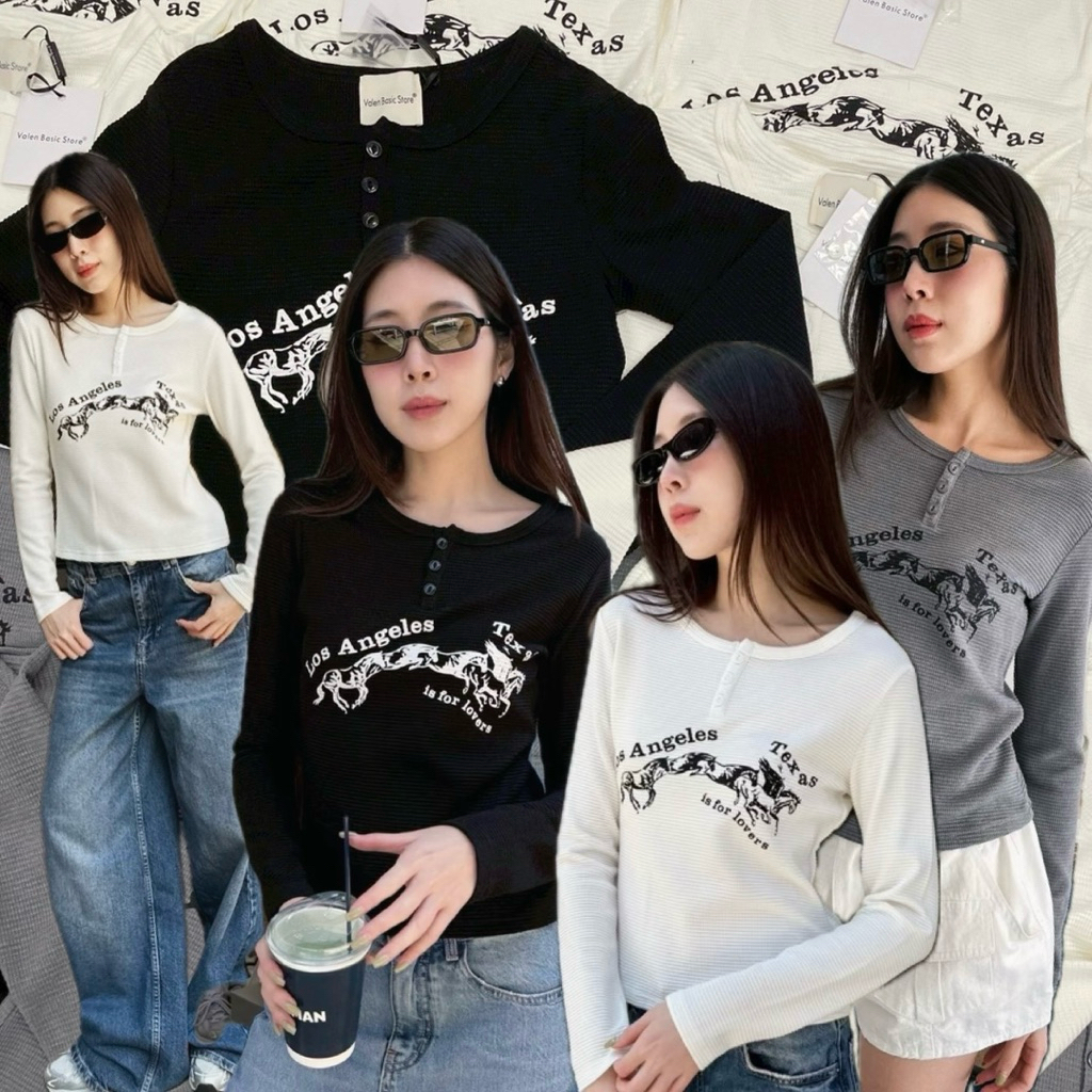 Los Angeles long stave 🐎🩶เสื้อแขนยาวคอกลมกระดุมหน้า งานตามหา ใส่สบาย